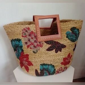 Antik Kraft Straw Tote with Turquoise, Red, Pink Floral Accents